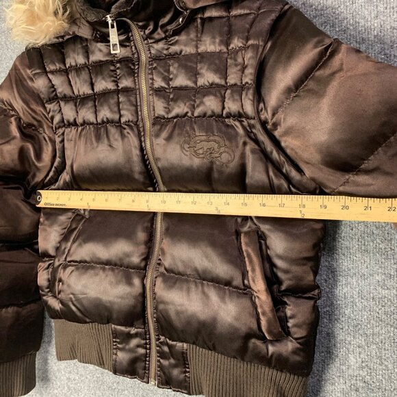 Ecko Red Womens Y2k Real Racoon Fur Hood Zip Puffer‎ Jacket Streetwear Size M - Picture 5 of 13